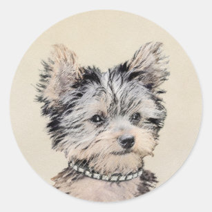 Yorkshire Terrier Puppy Painting Original Dog Art Classic Round Sticker