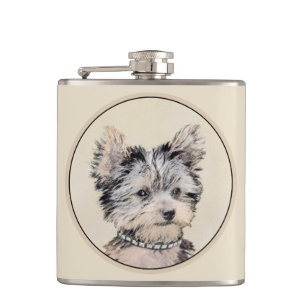 Yorkshire Terrier Puppy Painting Original Dog Art Hip Flask