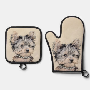 Yorkshire Terrier Puppy Painting Original Dog Art Oven Mitt & Pot Holder Set