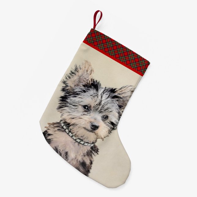 Yorkshire Terrier Puppy Painting Original Dog Art Small Christmas Stocking (Front (Hanging))