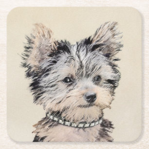Yorkshire Terrier Puppy Painting Original Dog Art Square Paper Coaster