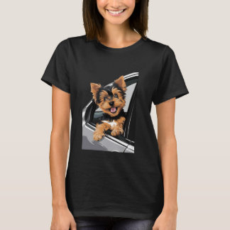 Yorkshire Terrier Puppy Peeking Out Of A Car Windo T-Shirt