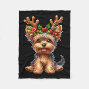 Yorkshire Terrier Reindeer Santa Hat Xmas Lights C Fleece Blanket