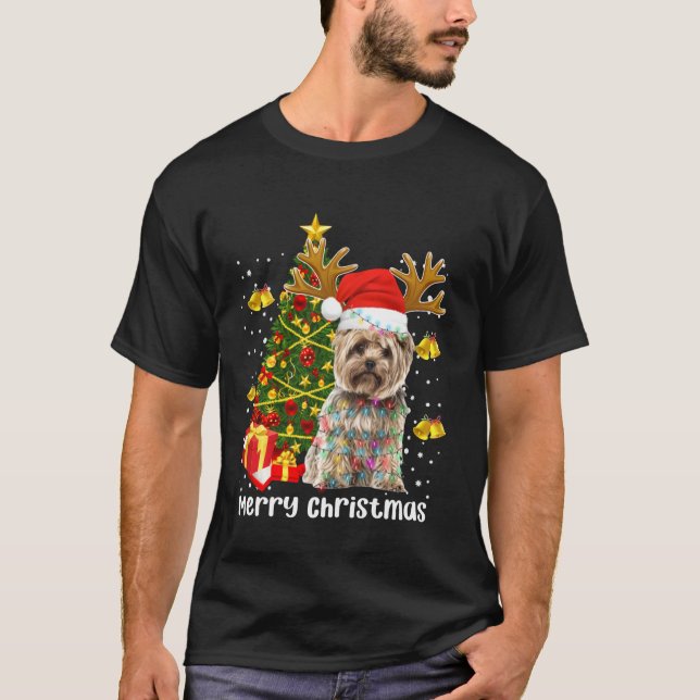 Yorkshire Terrier Santa Christmas Tree Lights Xmas T-Shirt (Front)