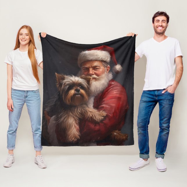 Yorkshire Terrier Santa Claus Festive Christmas Fleece Blanket (In Situ)