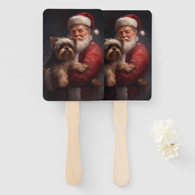 Yorkshire Terrier Santa Claus Festive Christmas Hand Fan (Front and Back)