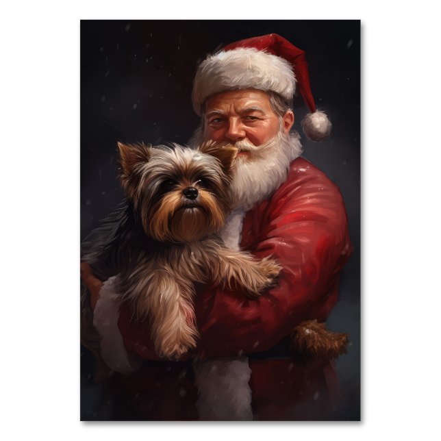 Yorkshire Terrier Santa Claus Festive Christmas Table Number (Front)