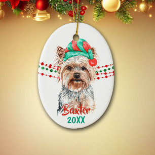 Yorkshire Terrier Santa Hat Holiday String Beads Ceramic Ornament