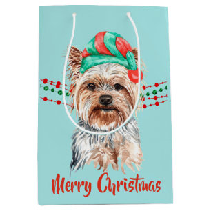 Yorkshire Terrier Santa Hat Holiday String Beads Medium Gift Bag