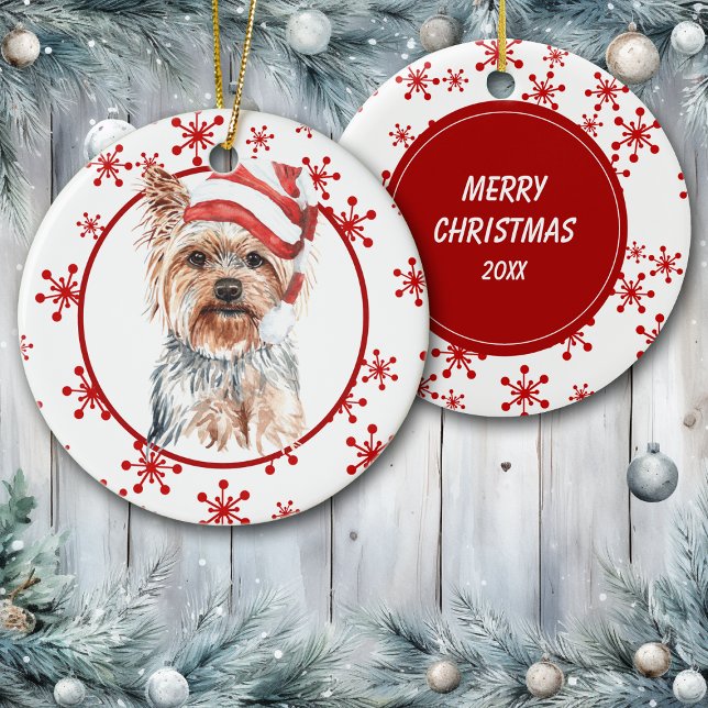 Yorkshire Terrier Santa Hat Red Snowflake Ceramic Ornament (Creator Uploaded)