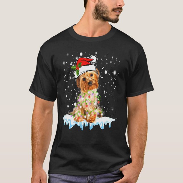Yorkshire Terrier Santa Hat Xmas Lights Dog T-Shirt (Front)