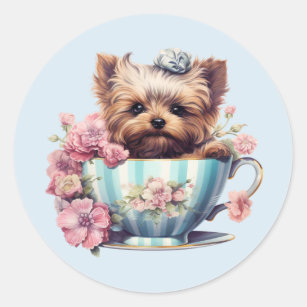 Yorkshire Terrier Sitting in Tea Cup With Flowers Classic Round Sticker