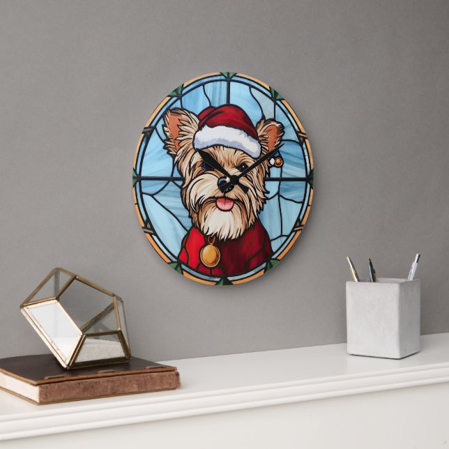 Yorkshire Terrier Stained Glass Christmas Large Clock (Office)