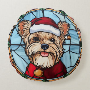 Yorkshire Terrier Stained Glass Christmas Round Cushion