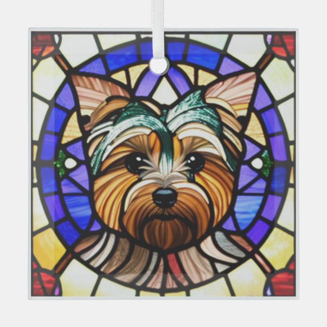 Yorkshire Terrier "Stained Glass"  Glass Tree Decoration (Front)