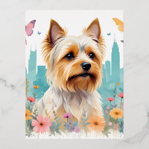 Yorkshire Terrier Vintage Animal Nature City Art Foil Holiday Postcard