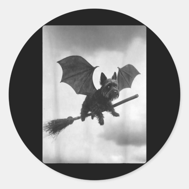 Yorkshire Terrier Witch Broom Bat Wings Spooky Classic Round Sticker (Front)