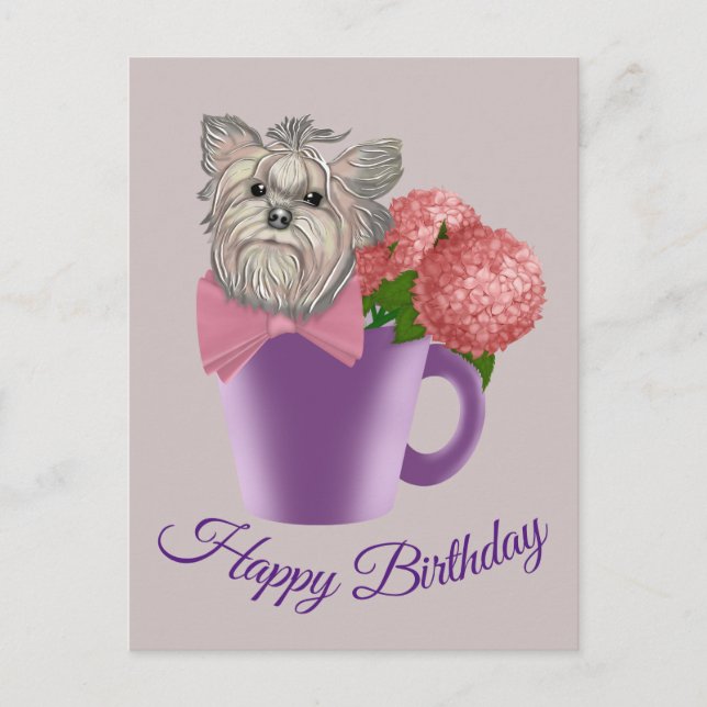 Yorkshire Terrier with flowers Happy Birthday Postcard (Front)