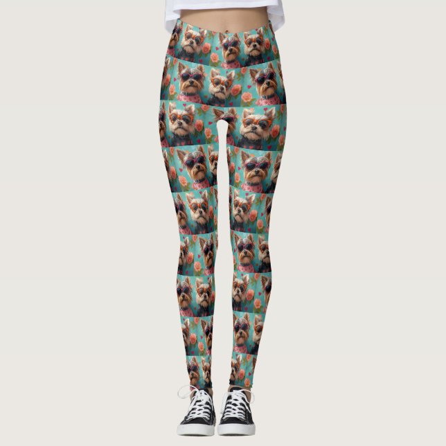 Yorkshire Terrier with Heart Roses Valentine's Day Leggings (Front)