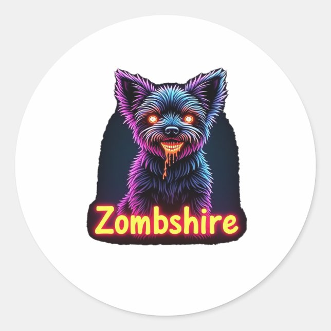 Yorkshire Terrier Yorkie Zombie Dog Halloween Over Classic Round Sticker (Front)