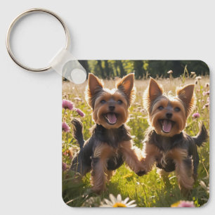 Yorkshire Terriers Playing in the Grass Key Ring