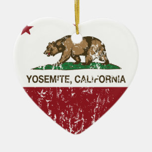 Yosemite California Republic Heart Distressed Ceramic Ornament