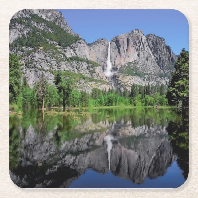 Yosemite Falls Reflection Square Paper Coaster (Front)