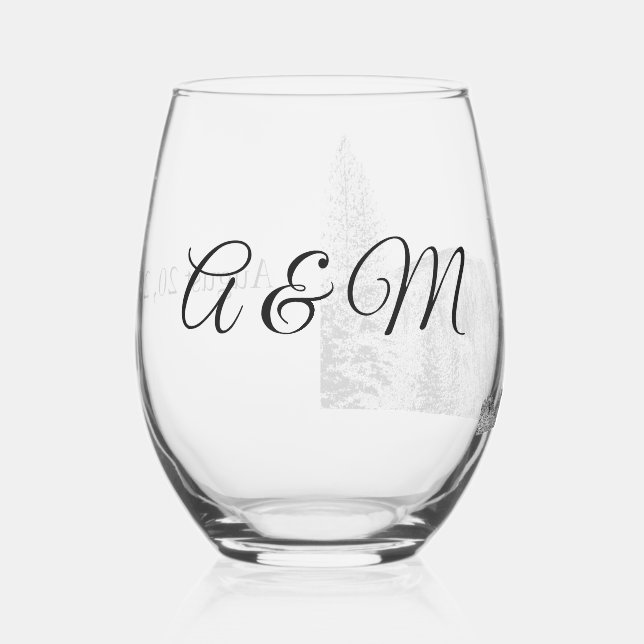 Yosemite Half Dome Sunset Initials Wedding Stemless Wine Glass (Left)