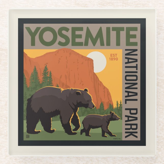 Yosemite National Park | Bear Family Glass Coaster (Front)