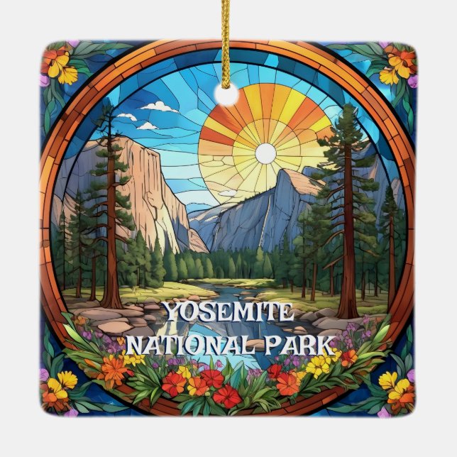 Yosemite National Park Faux Stained Glass Mosaic Ceramic Ornament (Back)