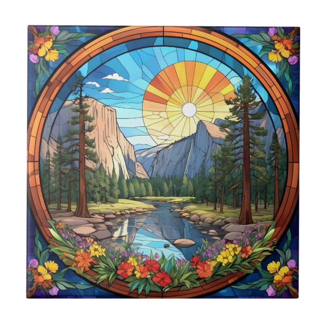 Yosemite National Park Faux Stained Glass Mosaic Ceramic Tile (Front)