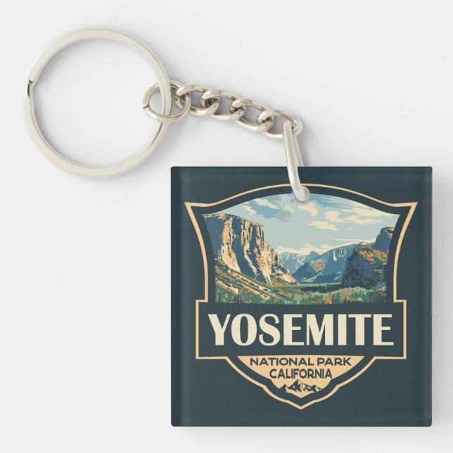 Yosemite National Park Illustration Retro Badge Key Ring (Front)