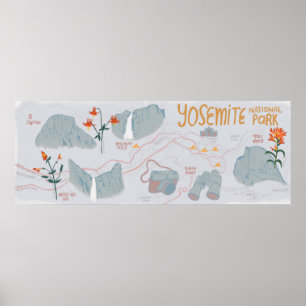 Yosemite National Park Map Illustration Grey Poster