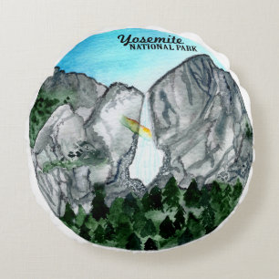 Yosemite National Park Watercolor Round Cushion