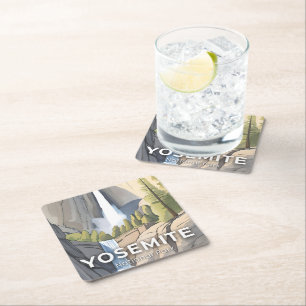 Yosemite National Park   Watercolor Travel Square Paper Coaster
