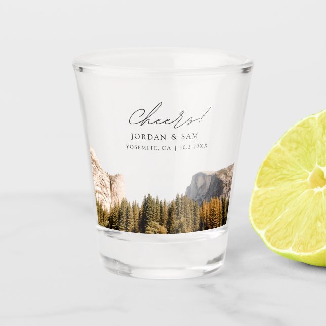 Yosemite Photo Wedding Favour Cheers Shot Glass (Front)