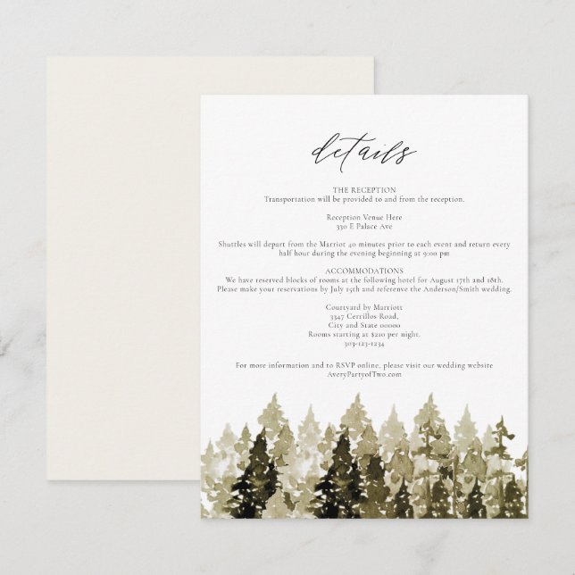 YOSEMITE Rustic Watercolor Pine Tree Details Card (Front/Back)
