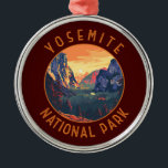 Yosemite Sunset National Park Retro Distressed Metal Ornament<br><div class="desc">Yosemite vector artwork design. The park is famed for its giant,  ancient sequoia trees,  and for Tunnel View,  the iconic vista of towering Bridalveil Fall and the granite cliffs of El Capitan and Half Dome.</div>