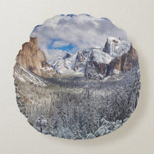 Yosemite Valley in Snow Round Cushion