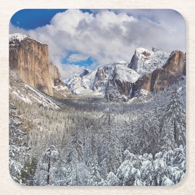 Yosemite Valley in Snow Square Paper Coaster (Front)