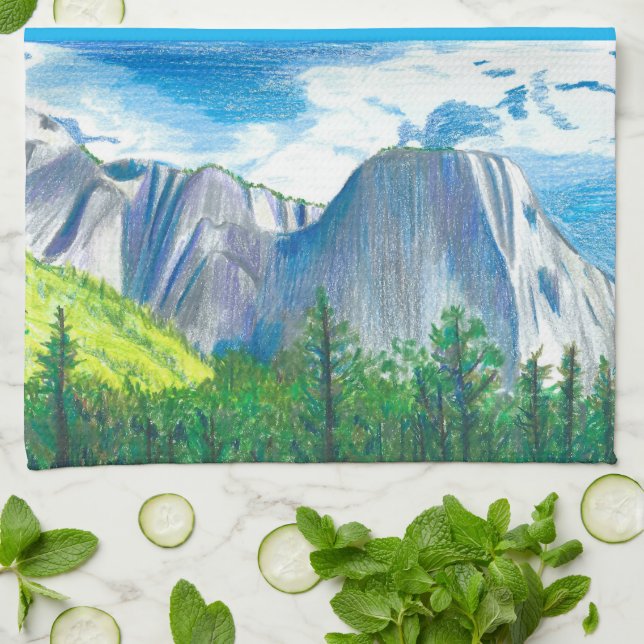 Yosemite Valley Landscape Blue Tones Kitchen Towel (Folded)