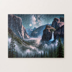 Yosemite Waterfall Moonlit Mountain Landscape Jigsaw Puzzle