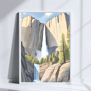 Yosemite Waterfalls National Park Watercolor Poster