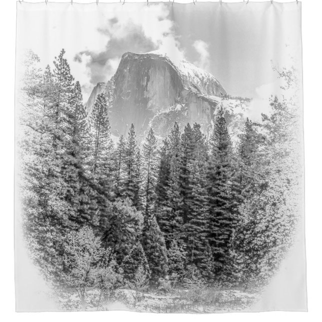 Yosemite's Half Dome in Winter, Black and White Shower Curtain (Front)