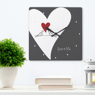 You and Me Simple Modern Love Birds Red Heart Square Wall Clock
