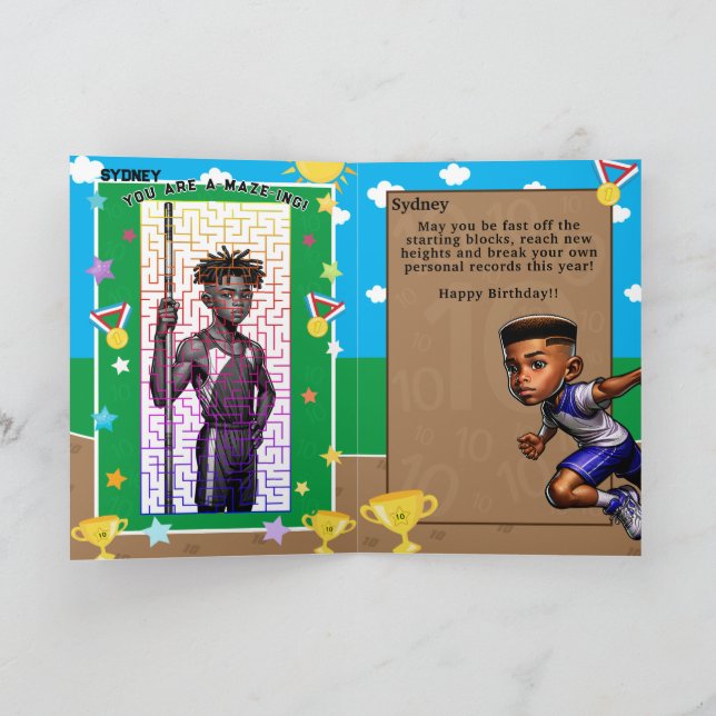 You Are A-Maze-ing Black Boys Track Star Birthday Card (Inside)