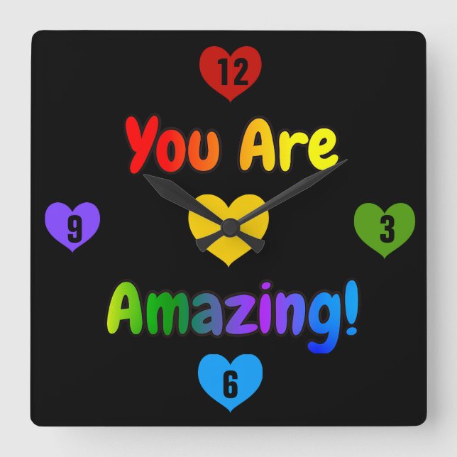 You Are Amazing Rainbow Text Square Wall Clock (Front)