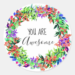 You Are Awesome Boho Floral Watercolor Greenery Classic Round Sticker