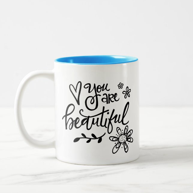 You Are Beautiful, Hand Lettering Two-Tone Coffee Mug (Left)