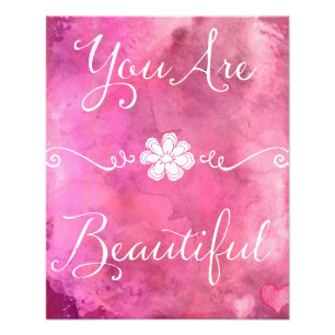 You Are Beautiful Quote Pink Watercolor Photo Print